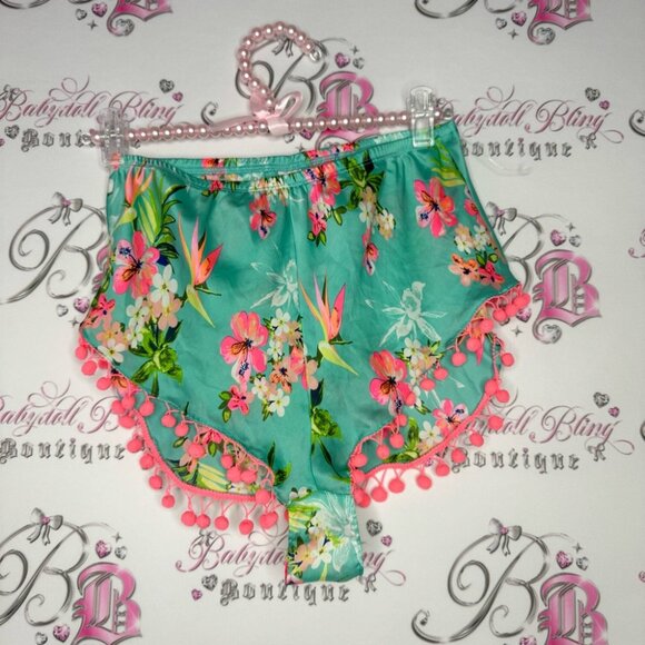 Victoria’s Secret shorts 🌺 floral printed neon with pom-poms fluff ball details - Picture 2 of 10